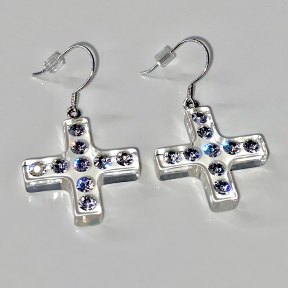 Women’s Lucite Cross Earrings Embellished With Swarovski Crystal Stones, New - Picture 6 of 9